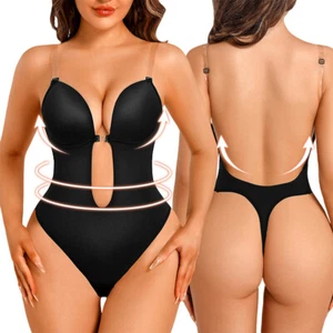 Women U Plunge Backless Shapewear Deep V Bodysuit Body Shaper Wedding Bra Dress - Picture 1 of 19