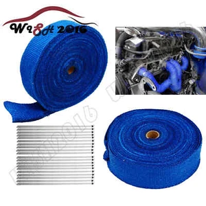 2 Roll X 2" x 50FT Exhaust Header Fiberglass Heat Wrap Tape w/20 Steel Ties Blue - Picture 1 of 8