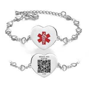 Stainless Steel Silver Heart Charm Medical ID Bracelet With QR Code - Picture 1 of 5