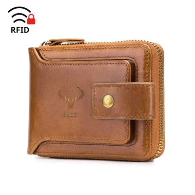 男式钱包真皮大号 RFID 拉链双折带硬币口袋钱包 — 第 1/4 张图片