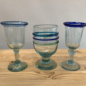3 HandBlown Footed Mexican Glass Tumblers w/ Aqua, Green, & Blue Swirls - Picture 1 of 16