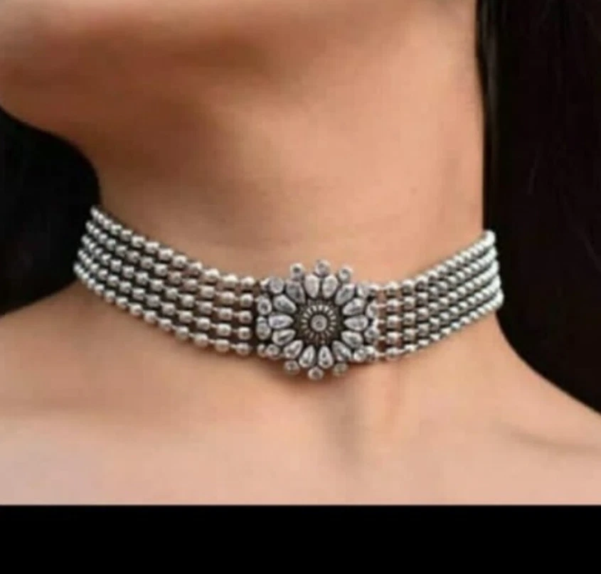 Этнический Болливуд стиль серебра окисленный только ошейник ожерелье индийский ювелирный набор - Изображение 1 из 4