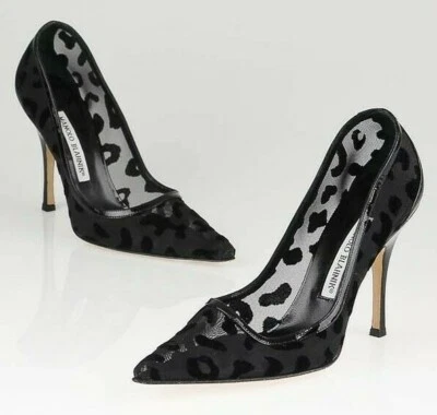 NEW Manolo Blahnik BLIXA LEO  BB Black Patent Leather Leopard Mesh Shoes 40.5 - Image 1 of 4