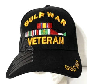 Black Embroidered Gulf War Veteran Adjustable Hat Cap with Ribbons - Picture 1 of 6