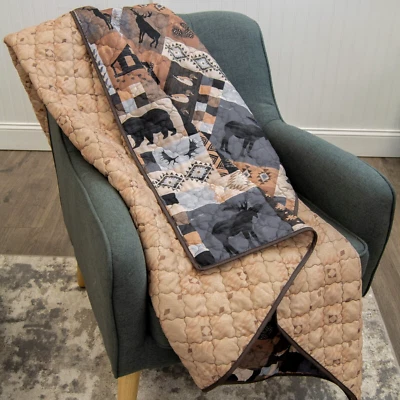 Donna Sharp Kila Quilted Throw Blanket Lodge Cozy Log Cabin Bear Moose Brown Tan - Image 1 of 4