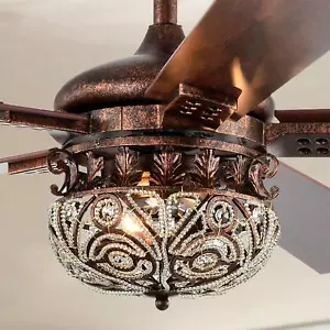 Vintage Style Antique Copper Ceiling Fan 2 Light w/Remote, Crystal Accent Shade - Picture 1 of 12