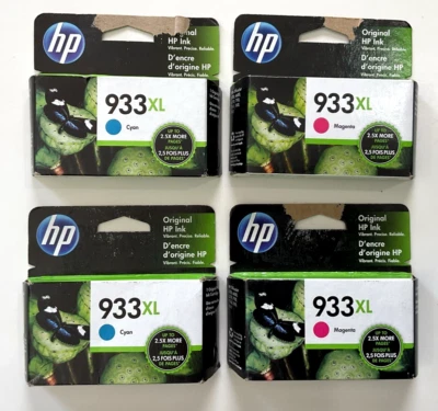 Lot of 4 Genuine HP 933XL Cyan & Magenta Ink Cartridges Exp 2023 Sealed - Image 1 of 4