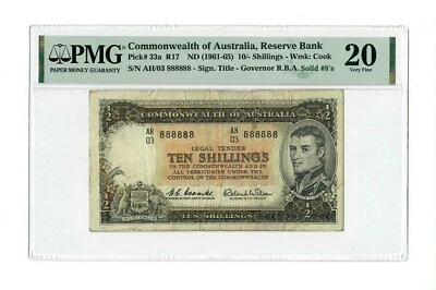 AUSTRALIA 10 TEN SHILLINGS # 888888  PMG-20  SOLID 8's BANKNOTE  (1961-1965) - Image 1 of 2
