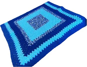 HAND MADE / HAND -CROCHET SHADES BLUE / BABY BOY’S BLANKET FREEPOST 🌸NEW - Picture 1 of 2
