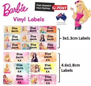 Personalised Barbie Vinyl Name Label School sticker cartoon Kids waterproof girl - Picture 1 of 3