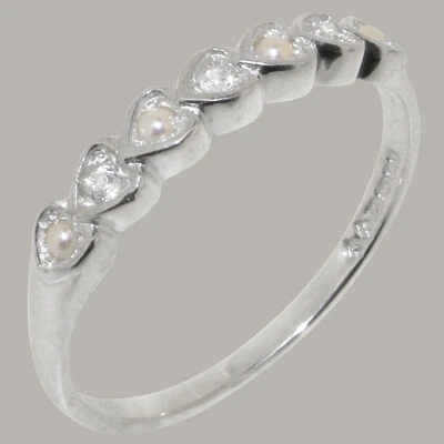 Solid 925 Sterling Silver Natural Diamond & Full Pearl Womens Eternity Ring - Image 1 of 4