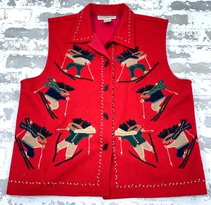 Vintage Christmas Sweater Vest Women Large Red Wool Cardigan Skiing Reindeer - Picture 1 of 10