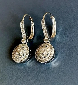 9ct White Gold Round Halo Cluster Drop in Leverback Hoop Diamond Earrings 0.65ct - Picture 1 of 15