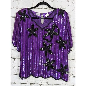 VINTAGE STENAY 70s 80s Disco Sequined Beaded Mesh 100% Silk Blouse *Medium - Picture 1 of 9