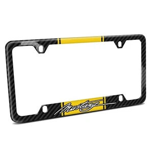 Yellow Racing Stripe Carbon Fiber 50 States License Frame - Ford Mustang Script - Picture 1 of 8
