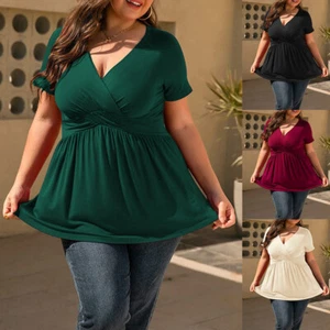 Plus Size Women Short Sleeve Casual V-Neck Pleat T Shirt Solid Casual Blouse Top - Picture 1 of 17