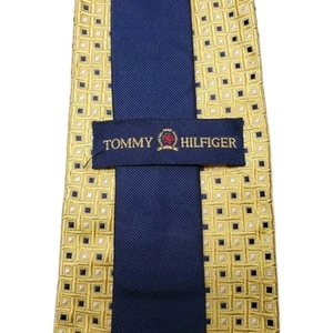 Vintage Tommy Hilfiger Yellow Blue White Squares 100% Silk Tie Made in USA - Picture 1 of 10