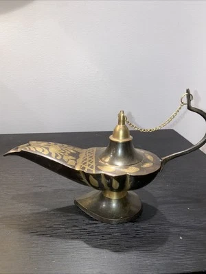 VTG Brass Black & Gold Genie Lamp Lantern Incense Burner w/ Cap on Chain - 9x4 - Image 1 of 4