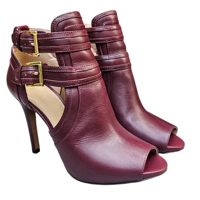 Botines de cuero borgoña MMK Blaze talla 7 punta abierta hebillas doradas tacón alto  Foto 1 de 4