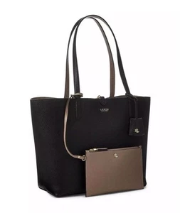 Lauren Ralph Lauren Reversible Large Tote Bag Faux Leather Black/Taupe w/Pouch  - Picture 1 of 10
