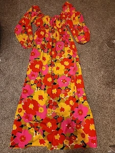 Maxi Vestido Flower Power Vibrante Años 70 De Colección Psicodélico Mod Mujer Mediano Acrílico - Imagen 1 de 7