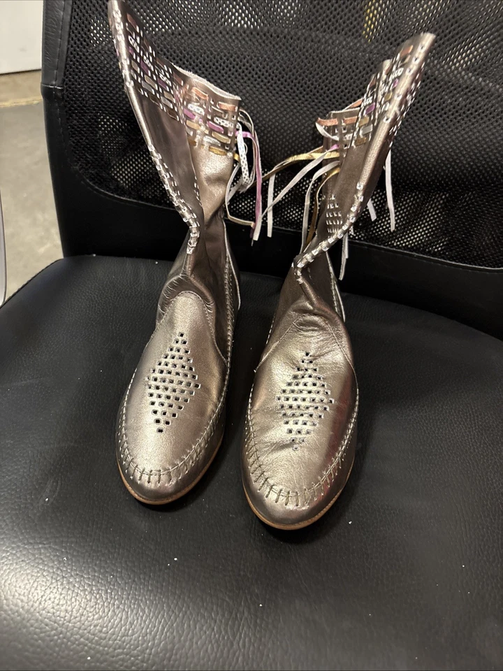 Vintage 80s Compulsion Leather Dress Gold Fringe Moccasins size 9 Brazil - Image 1 of 4