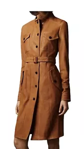 Women's Genuine Leather Trench Coat Soft Lambskin Leather Tan Jacket Overcoat - Picture 1 of 7