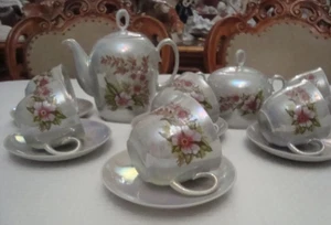 Tea Set Of Porcelain Service Vintage Small Cups Ussr Painted Floral 1970s Decor - Picture 1 of 8