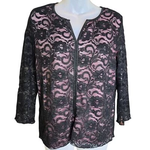 Top donna tribale pizzo grande nero floreale rosa foderato stravagante elasticizzato - Foto 1 di 6
