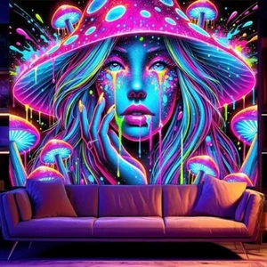 Glowing Tapestry 78x59 Inch UV Reactive Tapestry Psychedelic Mushroom Goddess Wa - Picture 1 of 5