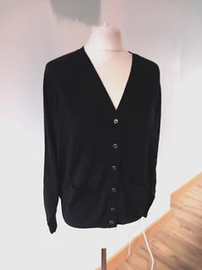 Vintage Black Cardigan Button Up V Neck 100% Wool Thin Knit 18 20 UK - Picture 1 of 14