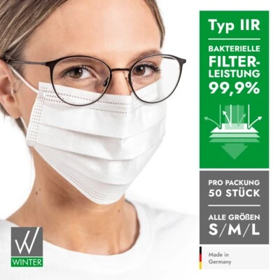 WINTER.GROUP GMBH Medizinische Einweg OP-Masken 3-lagig Typ II R DIN EN14683 (99,99 % BFE) weiß L