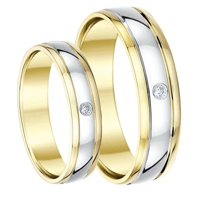 9ct Gold Two Colour His & Hers Wedding Bands Diamond Rings 5mm & 6mm UK Hallmark - Image 1 of 4