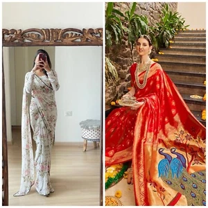 Sari de seda Paithani de diseñador South para mujer 🥻Con pieza de blusa (paquete de 2) - Imagen 1 de 9