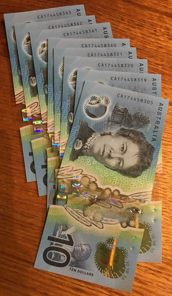 🌟5x AUSTRALIAN NEW $10 Dollar 2017 POLYMER BANKNOTES - CA CONSECUTIVE Number⭐️ - image 1 of 1