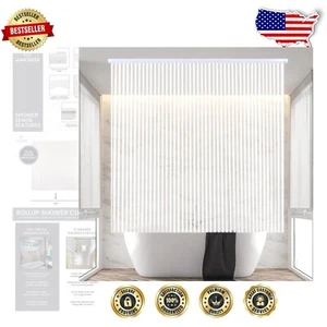 Chic White Striped Rollup Shower Curtain - Elegant Bathroom Solution 56"H x 95"W - Picture 1 of 9