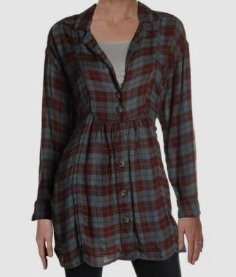 $128 Free People Women's Red All About The Feels Button Up Plaid Blouse Size M - Image 1 of 2