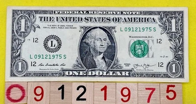 September 12 1975 Birthday Note 09121975 Fancy Serial Number One Dollar Bill FW - Image 1 of 4