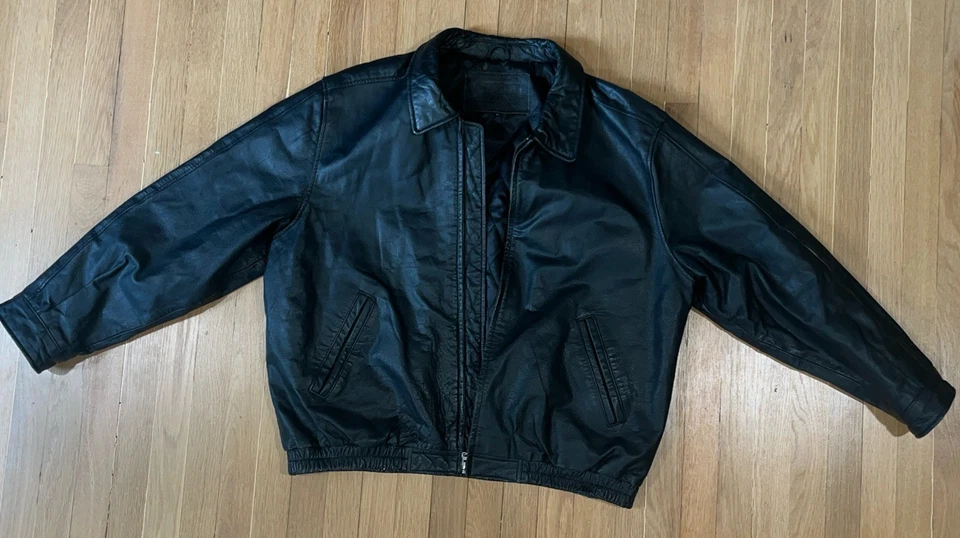 Men’s Biker Black Leather Moto Bomber Jacket YKK Zip Quilt Lining Size XL - Image 1 of 4