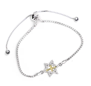 sterling silver and cz two tone star of david and cross bolo bracelet - Picture 1 of 1