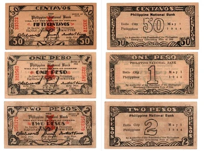 1944 Philippine Province of ILOILO PNB Currency 50c 1P 2 Peso S338 S339 S340 SET - Image 1 of 4