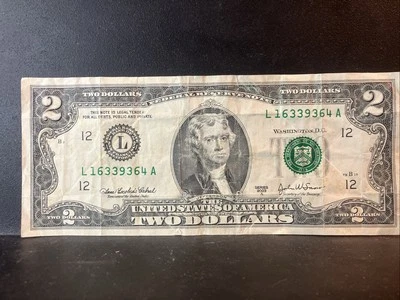 Error $2 Dollar Bill, 2003A Insufficient Ink Error Circulated - Image 1 of 3