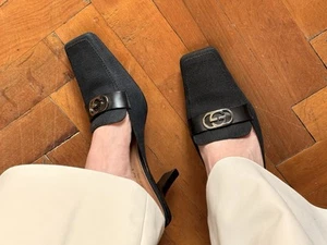 GUCCI VINTAGE SQUARE TOE BLACK PANTOLETTEN GG LOGO TEXTILE KITTEN HEELS US 6B EU 37 - Bild 1 von 15