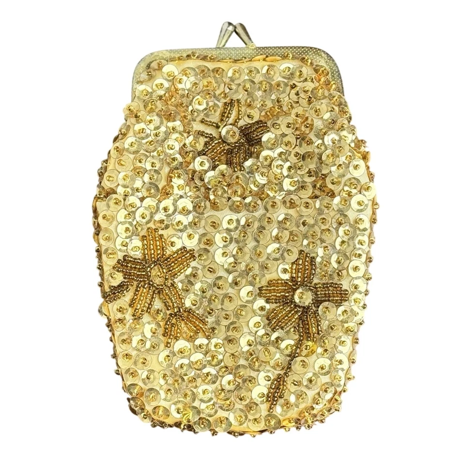 Женские винтажные золото блестками монета сумочки с бисером спереди цветок деталь и застежка - Изображение 1 из 4