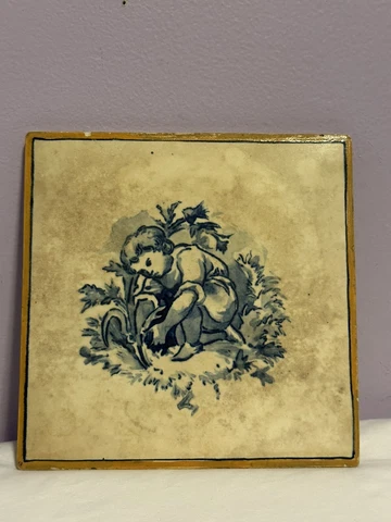 Antique Tile 1860 Rare Hand Painted W.B. Simpson & Sons Pictorial Gardener 6" Cover