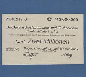MÜHLDORF am Inn 2 Millionen Mark 1923 Erh. III- / VF-      - Bild 1 von 2