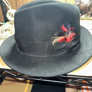 Vintage Stetson Fedora Hat Size 6 7/8 Black With Red Feather Fur Felt Hat - Picture 1 of 7