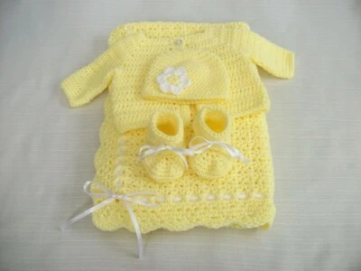 Crochet Baby Set- Blanket Sweater Hat Booties Infant 0-3m Handmade Shower Gift - Image 1 of 4