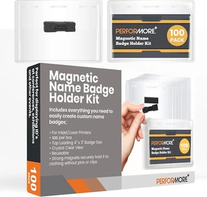 100 Pack of Magnetic Name Badge Holder Kit with Paper Inserts - 4 X3 Horizontal - Picture 1 of 6