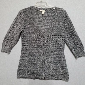 DKNY Jeans Cardigan Womens Large Cotton Blend 3/4 Sleeve Marled Black White - Picture 1 of 14